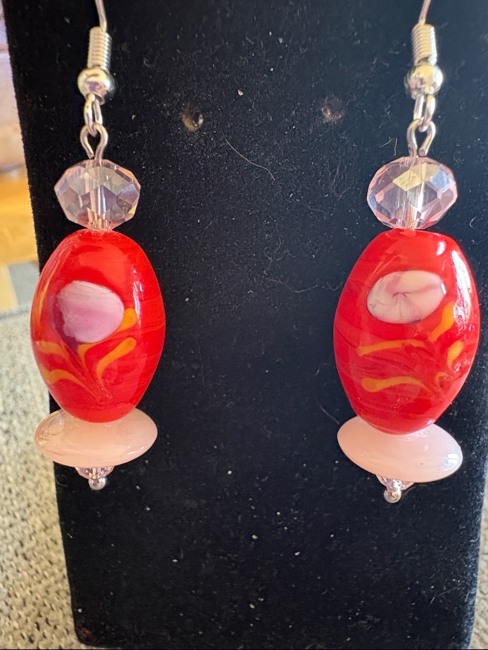 Hand Crafted Red and Pink Glass Bead Drop Earrings